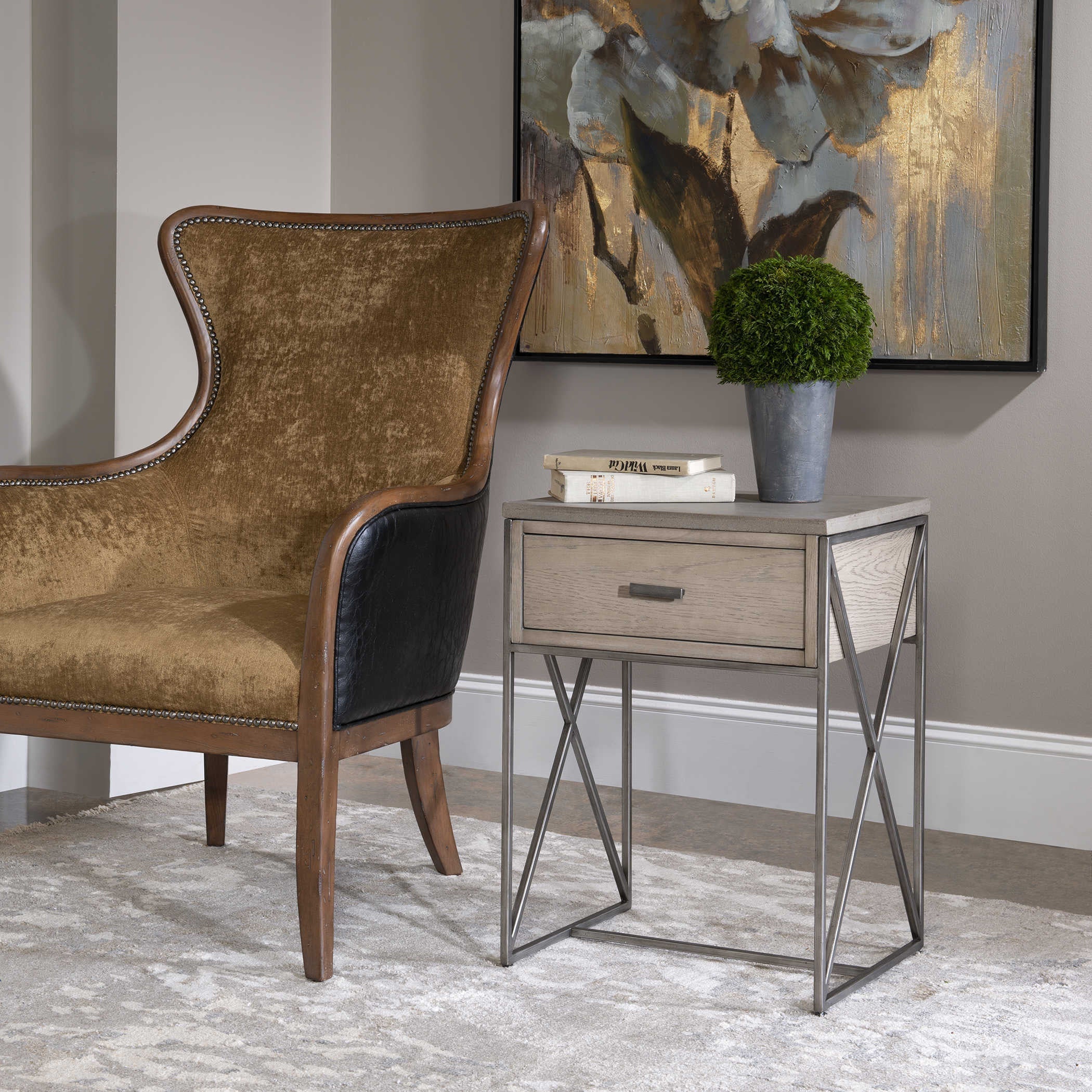 Uttermost Cartwright Aged Gray Concrete Top With Gray Oak Wood & Brushed Pewter Side Table - Image 4