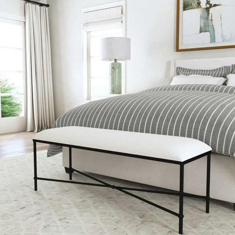 Uttermost Avenham White Textured Fabric Cushion Seat Modern Black Iron Bench - Image 3
