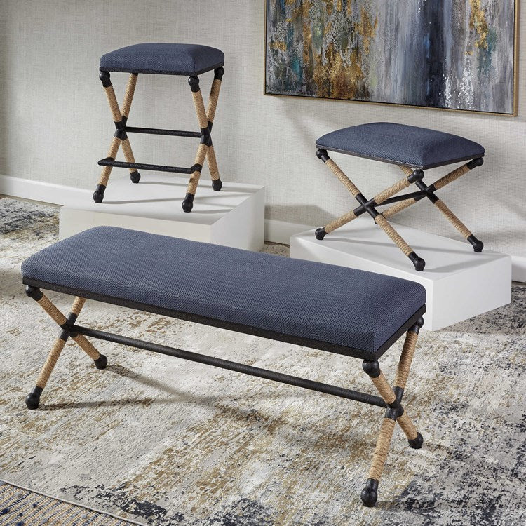 Uttermost Firth Navy Blue Fabric Cushion Seat Rustic Iron Bench - Image 4