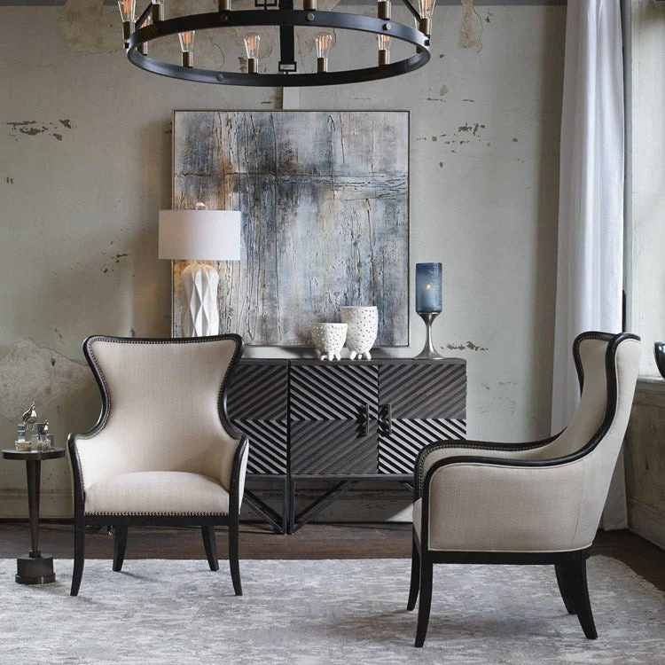 Uttermost Sandy Shimmery Sand Fabric Wing Back Armchair With Weathered Black Wood Frame - Image 3
