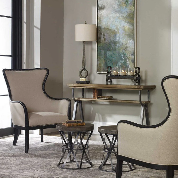 Uttermost Sandy Shimmery Sand Fabric Wing Back Armchair With Weathered Black Wood Frame - Image 5