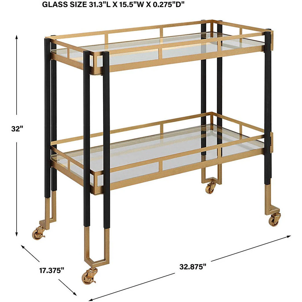 Uttermost Kentmore Glass With Matte Black and Brushed Gold Iron Contemporary Bar Cart - Image 6