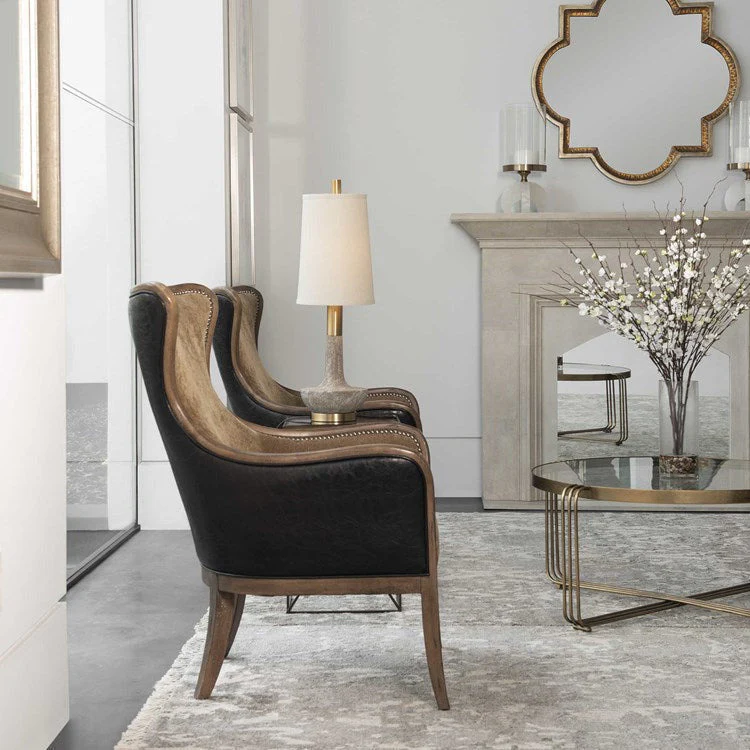 Uttermost Snowden Caramel Velvet Wing Back Armchair With Deep Chocolate Faux Leather Back - Image 5
